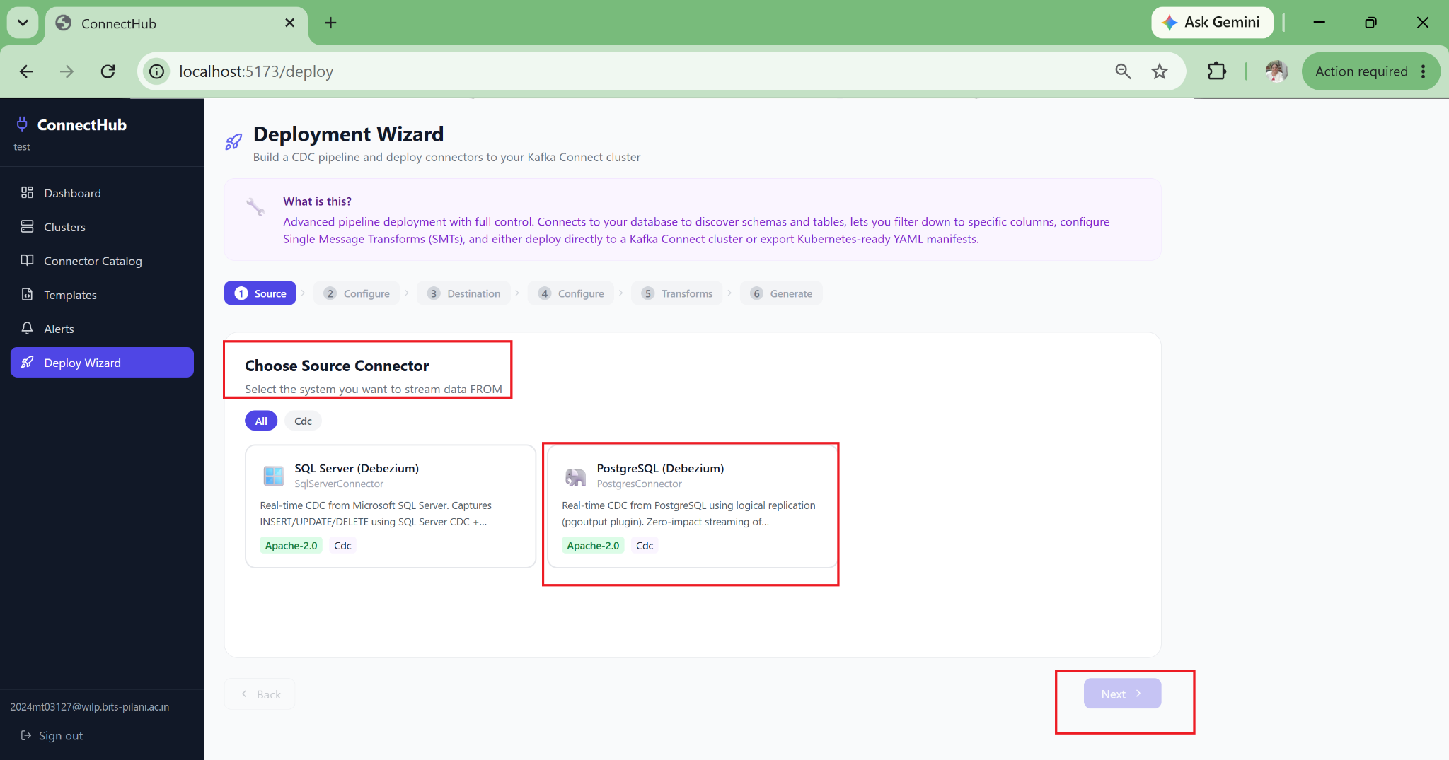 ConnectHub deploy wizard — step 1: choose your CDC source connector