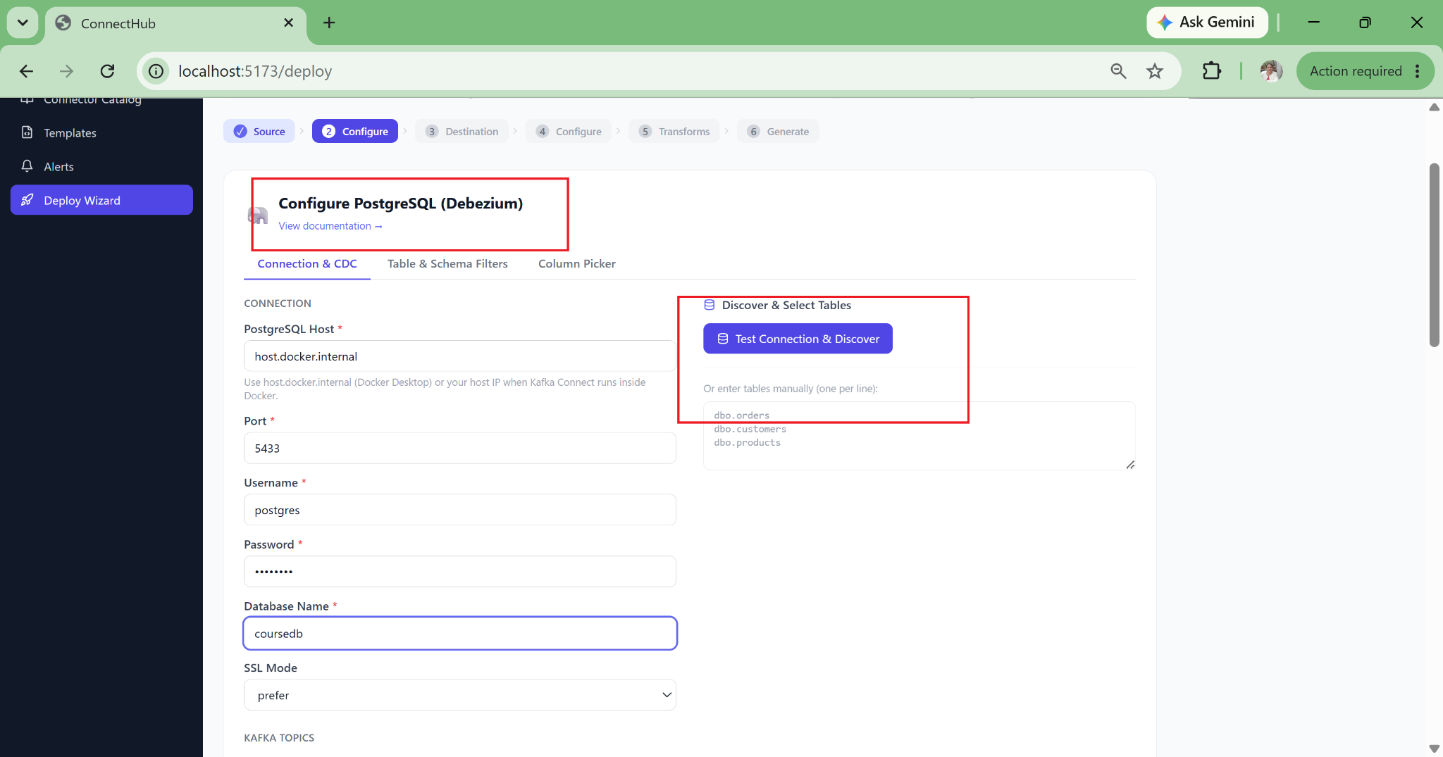 ConnectHub deploy wizard — live JDBC schema discovery: select tables and columns