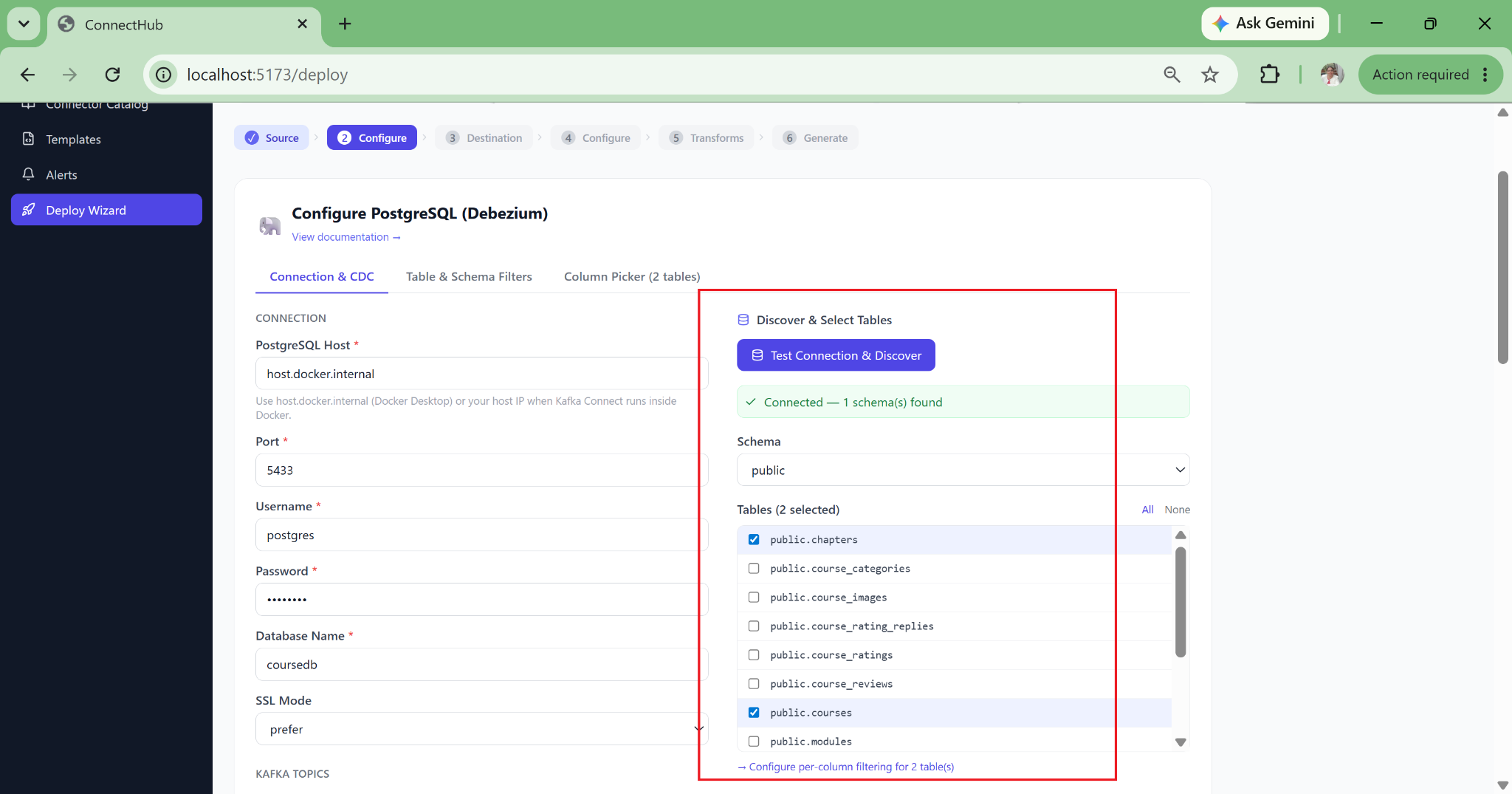 Deploy wizard step 2: select individual table columns