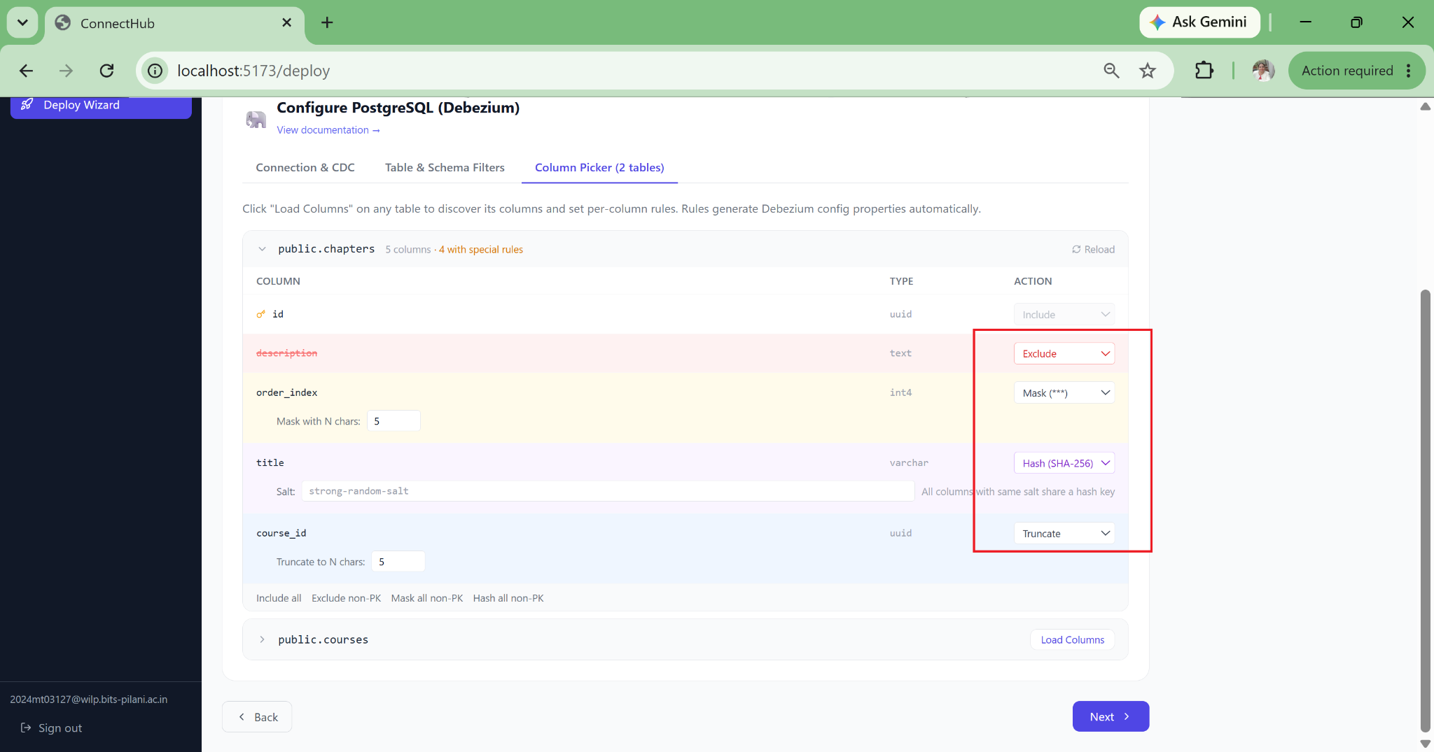 Deploy wizard step 3: PII masking — mask, SHA-256 hash, truncate, or exclude