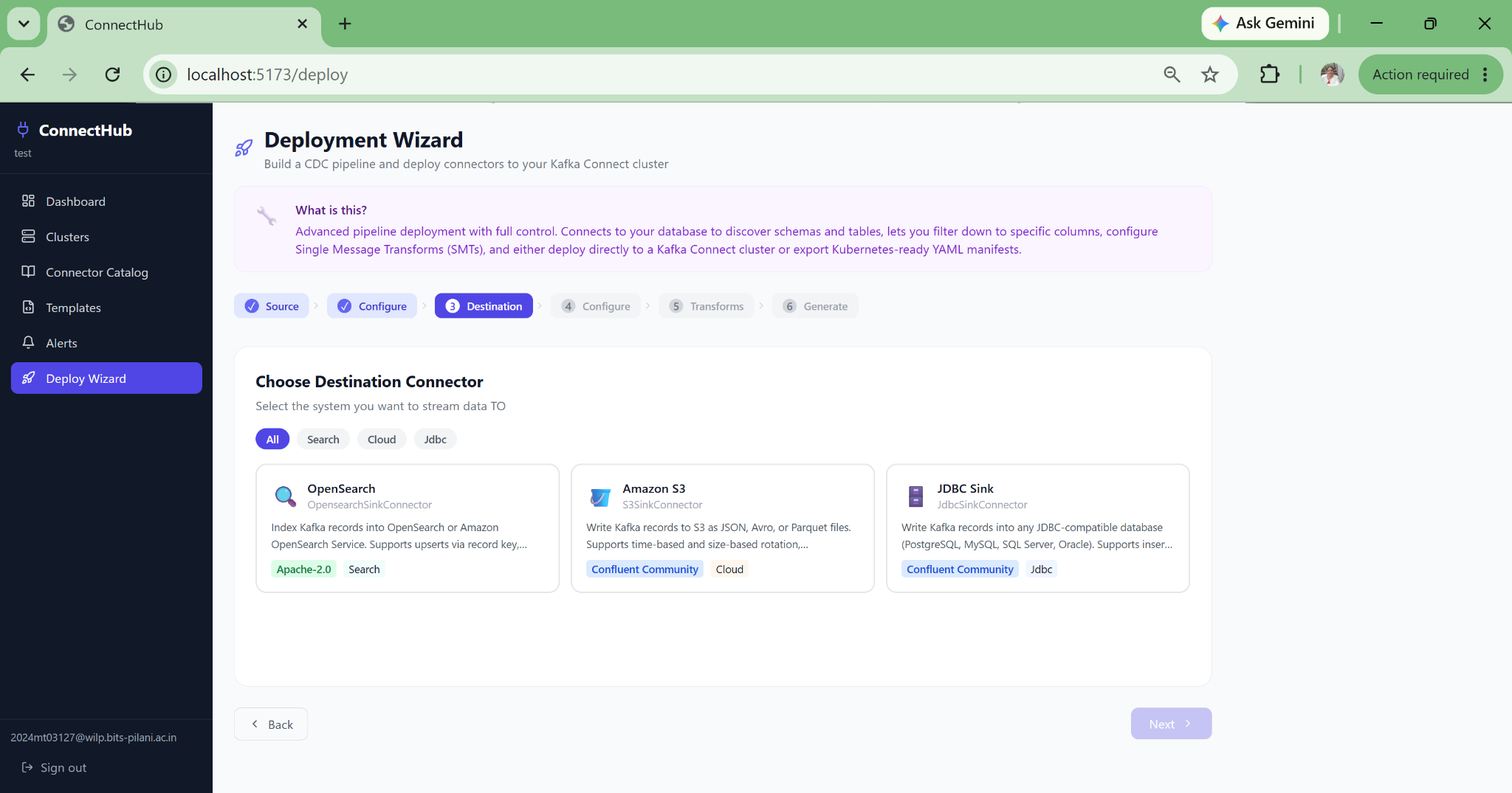 ConnectHub deploy wizard — step 4: select sink destination connector