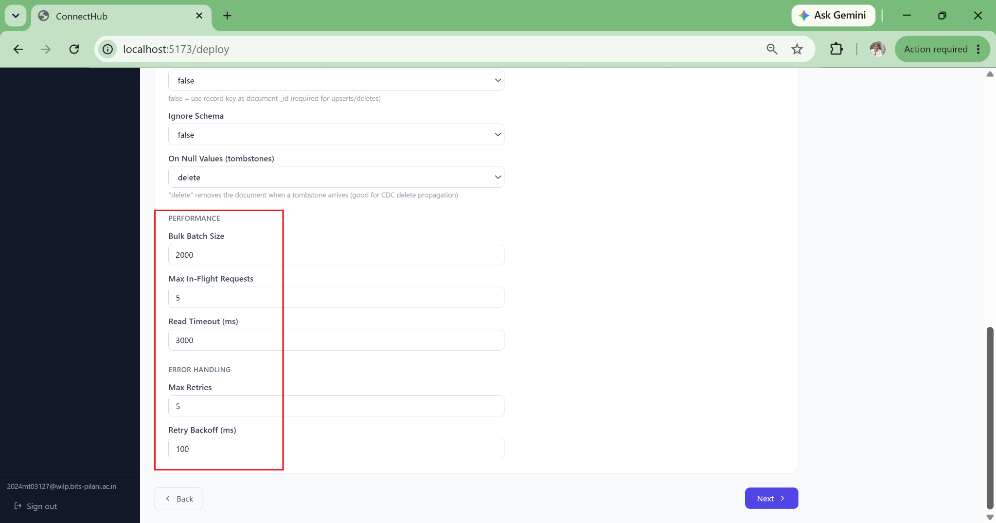 Deploy wizard: connector performance and throughput settings