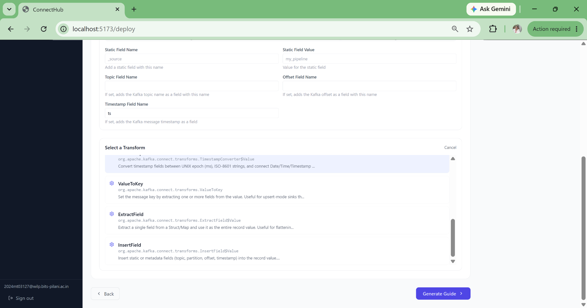 Deploy wizard: add timestamp column via TimestampConverter SMT