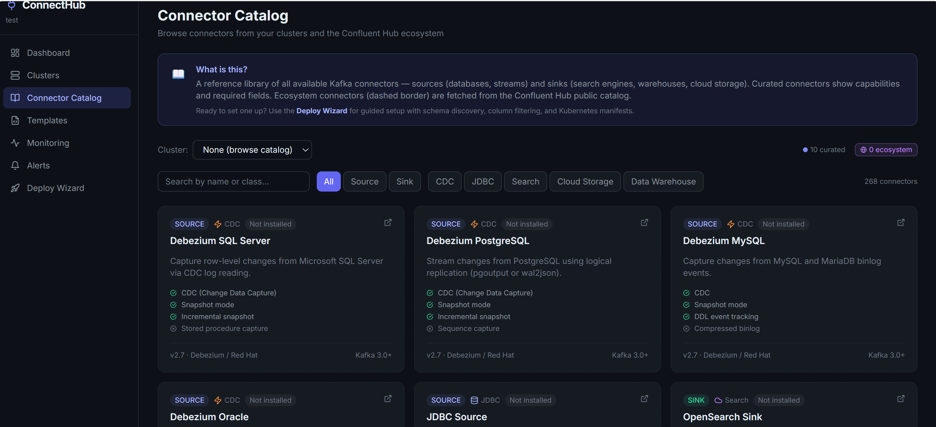 ConnectHub Connector Catalog — full grid view with filter tabs for Source, Sink, CDC, JDBC, Cloud Storage and more