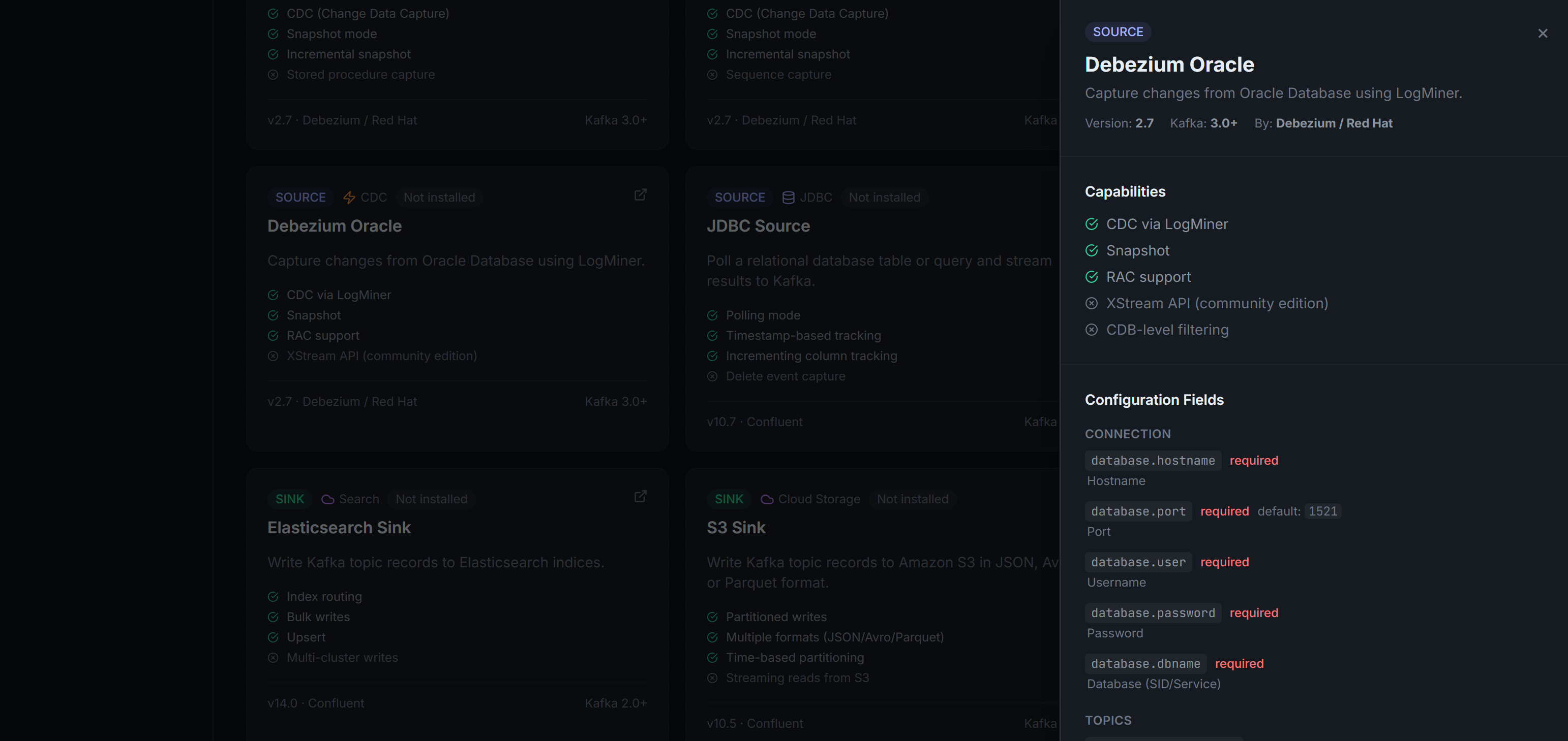 ConnectHub Connector Catalog — Debezium Oracle detail panel showing LogMiner capabilities and required configuration fields