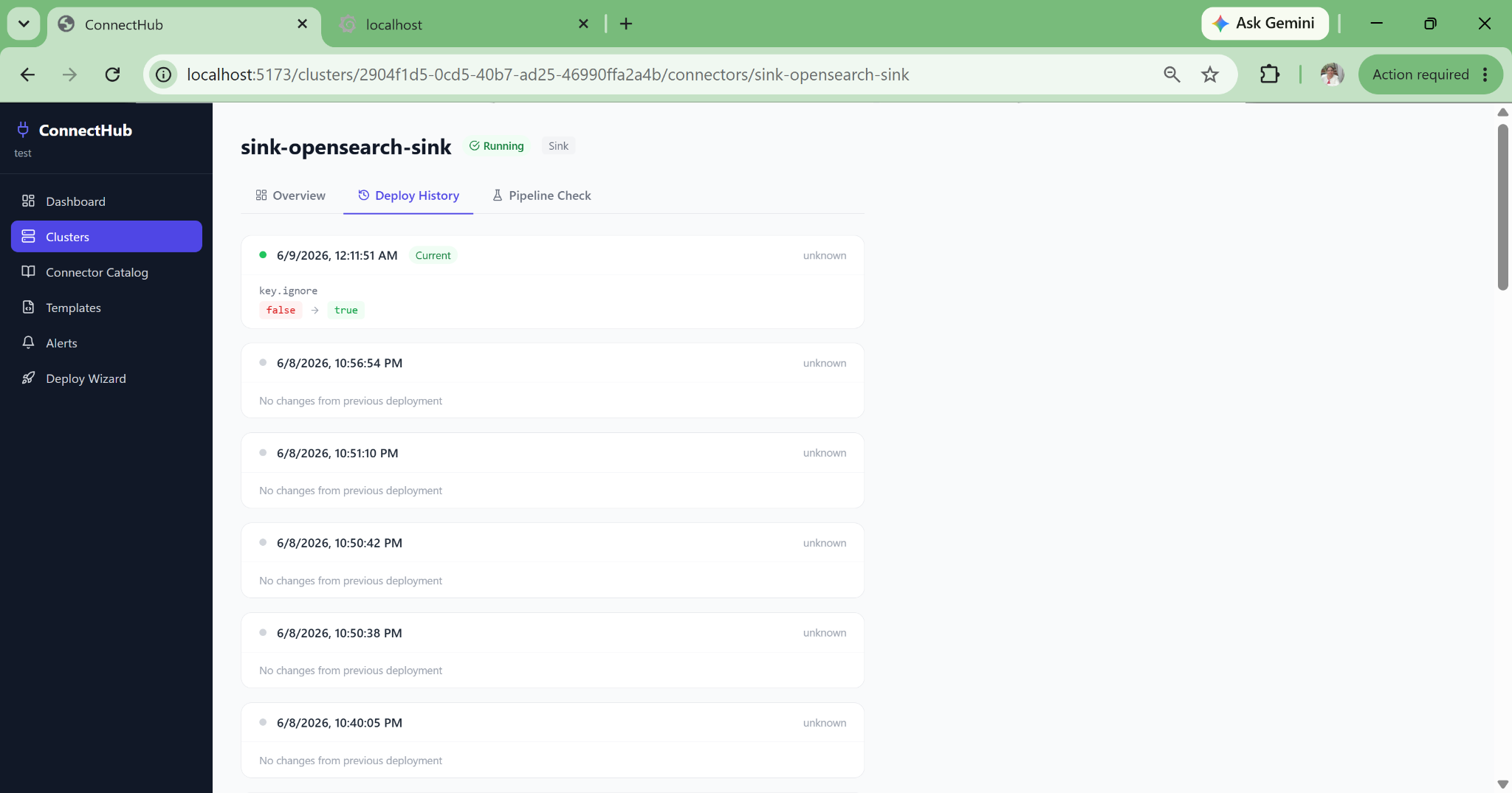 ConnectHub connector deploy status — live health and task state