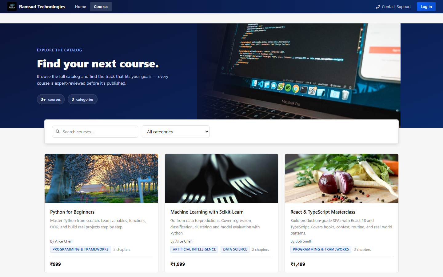 Course catalog with search, category filter, and course cards