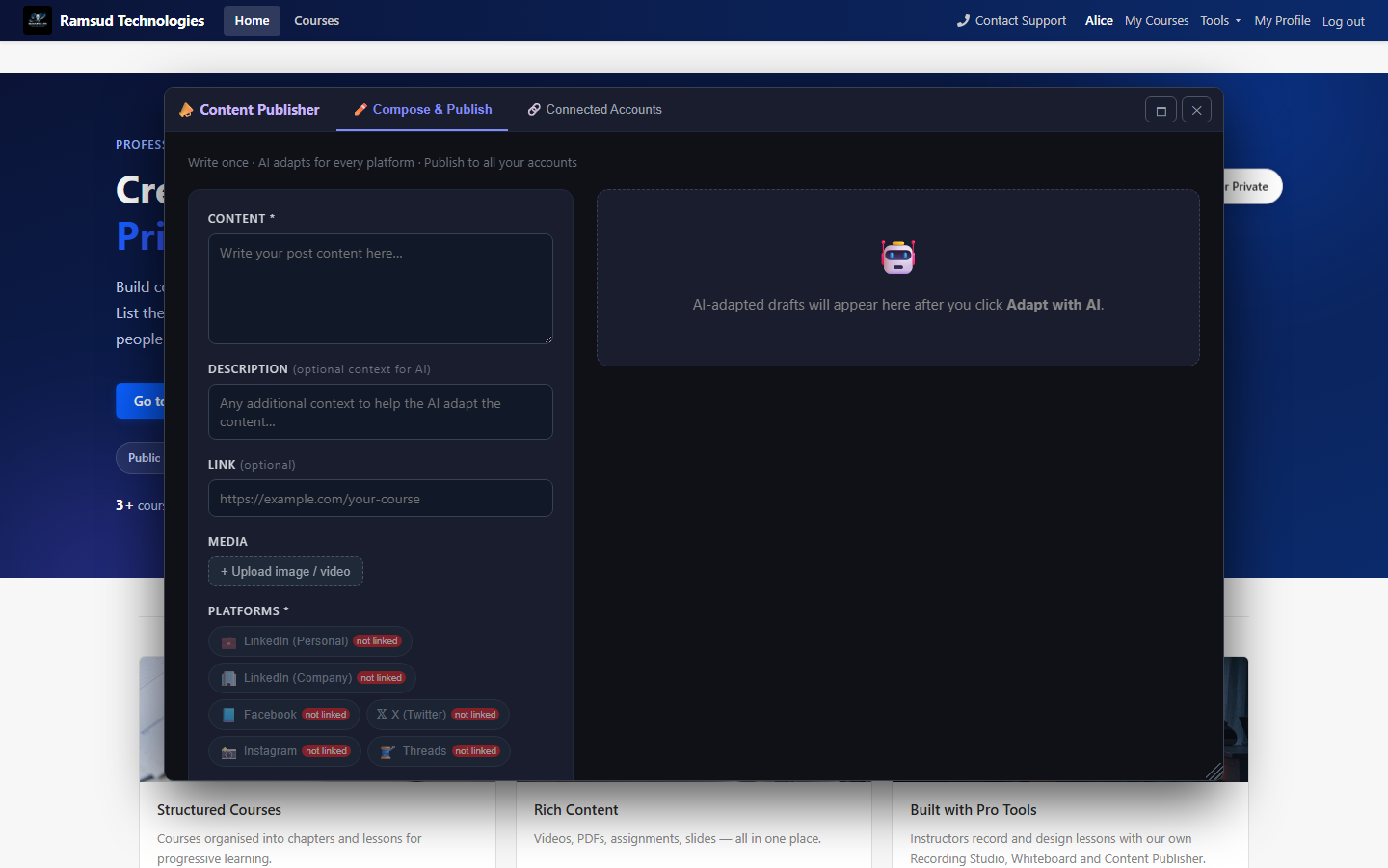 Content Publisher tool composing a post for multiple social platforms
