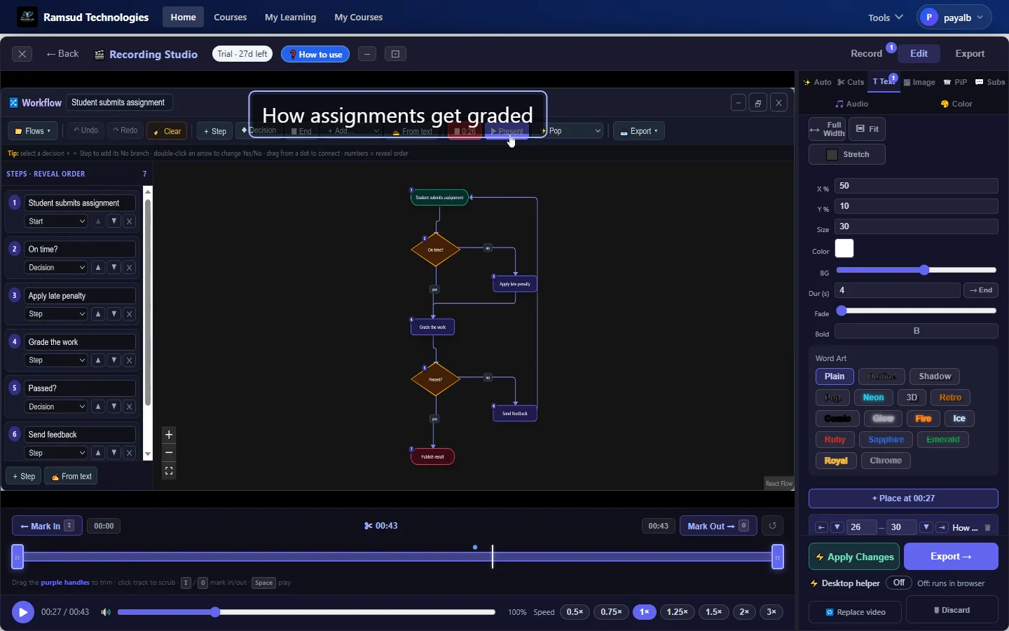 Recording Studio editor: a flowchart lesson with a title overlay, Word Art styles and the editing timeline