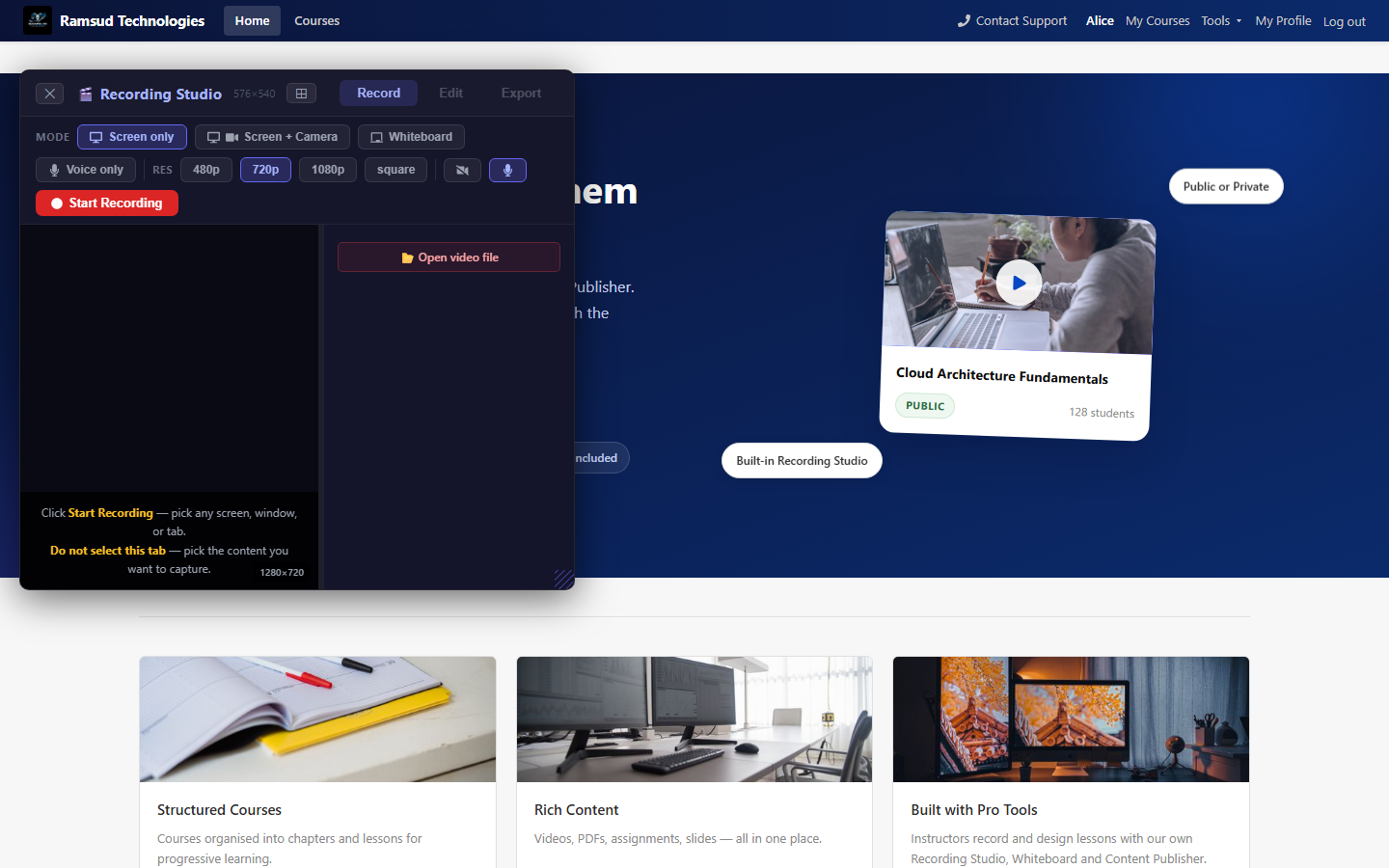 Recording Studio tool with screen, camera, and whiteboard capture modes