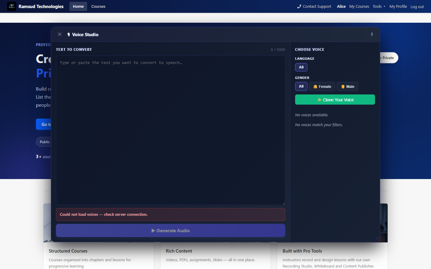 Voice Studio tool with text-to-speech voice selection