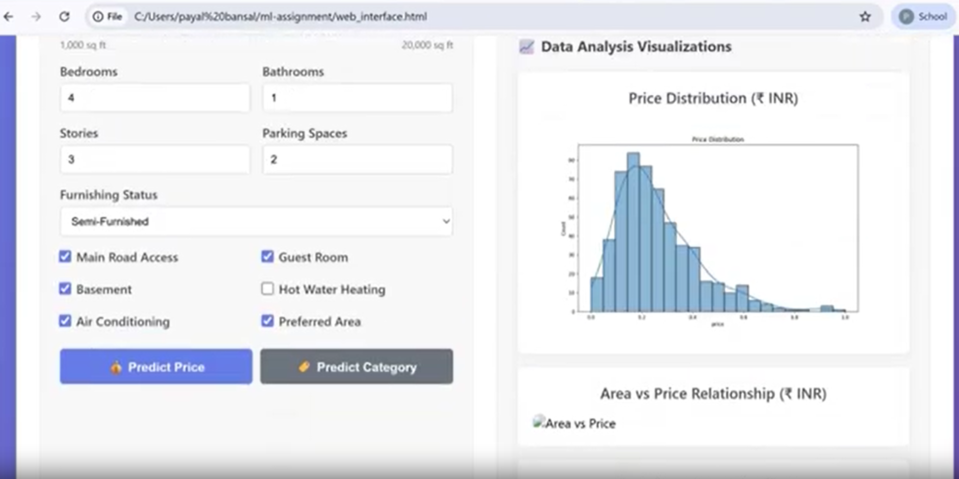 House prediction web interface showing analysis visualizations