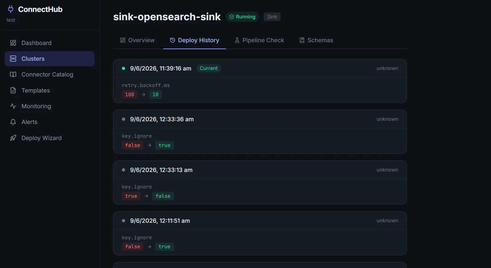 ConnectHub connector deploy status - live health and task state
