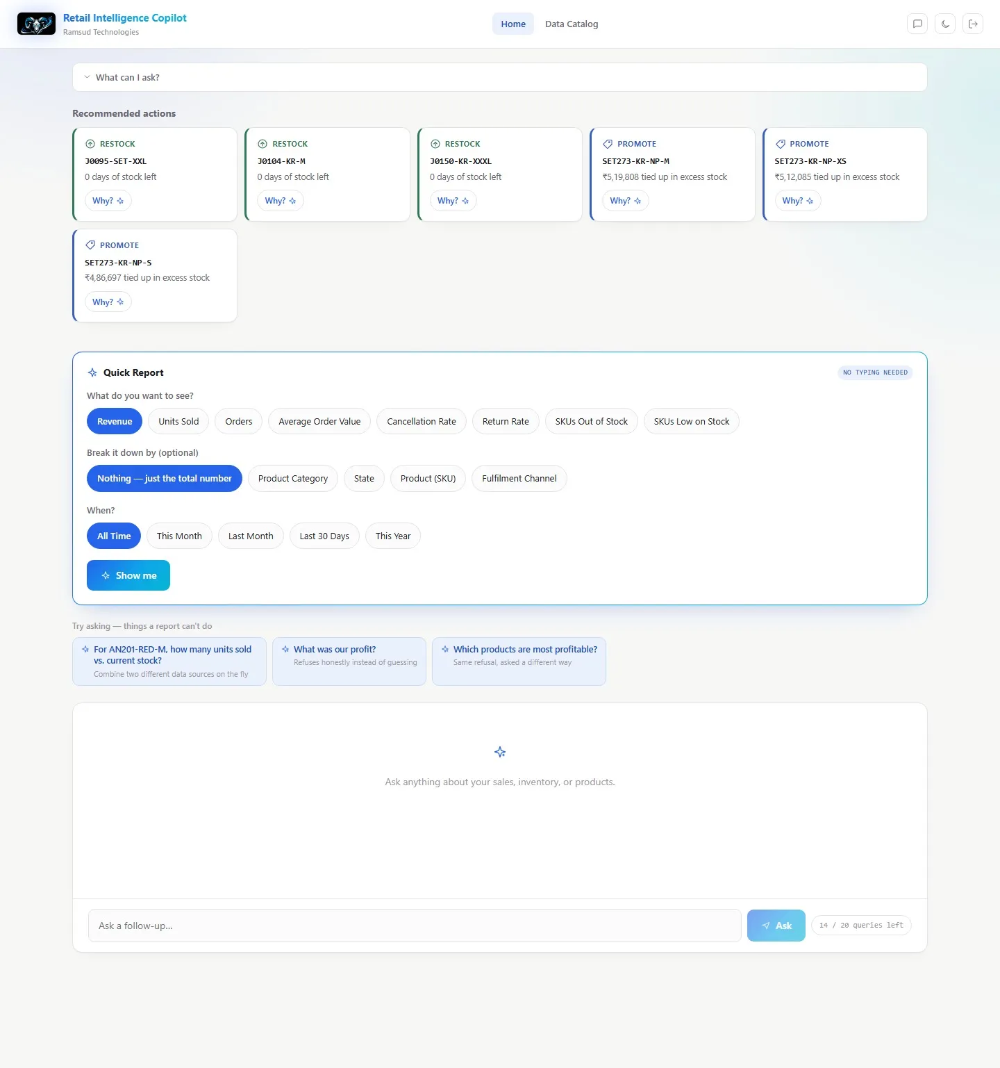 Retail Intelligence Copilot home page, capability panel, recommendation cards, quick report builder, and try-asking prompts