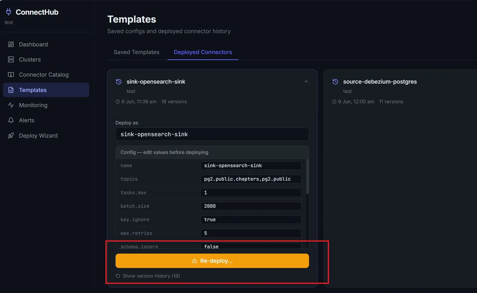 Previously deployed connector templates
