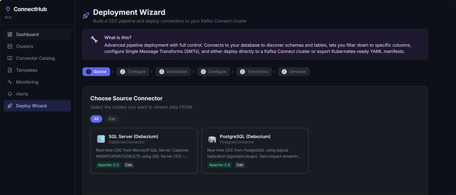 ConnectHub deploy wizard - step 1: choose your CDC source connector