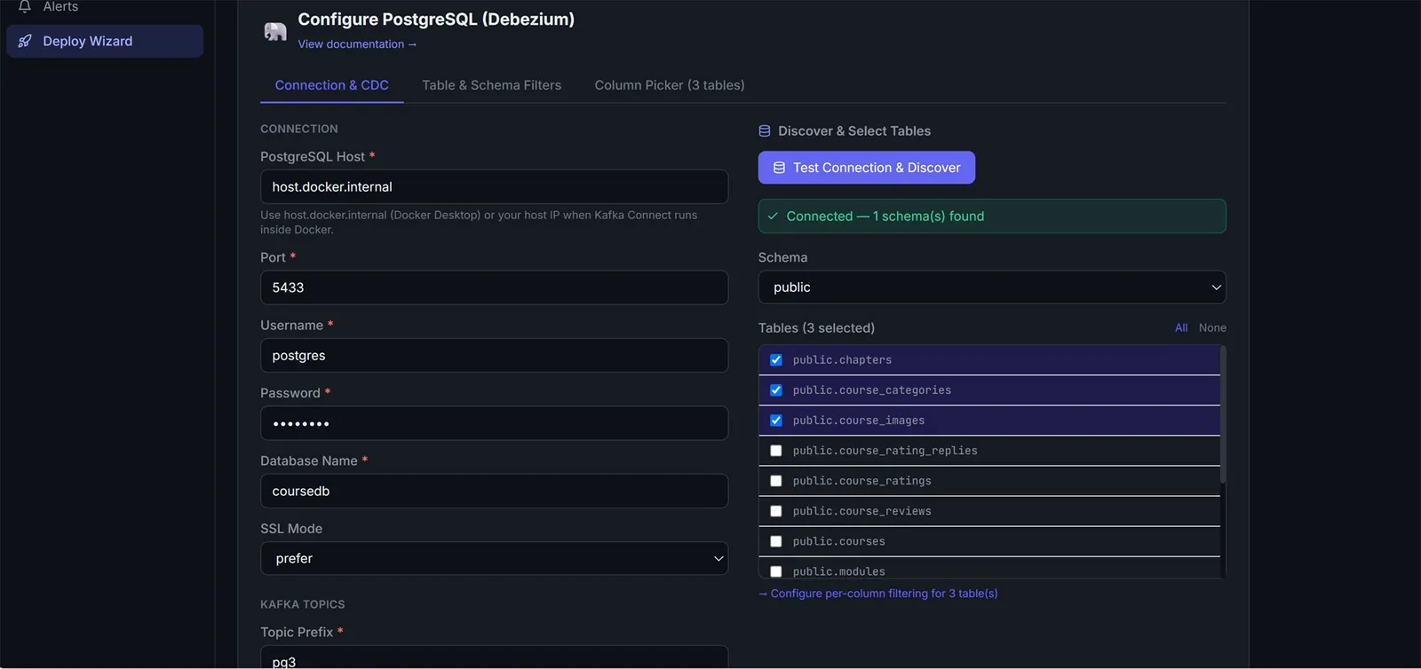 ConnectHub deploy wizard - live JDBC schema discovery: select tables and columns