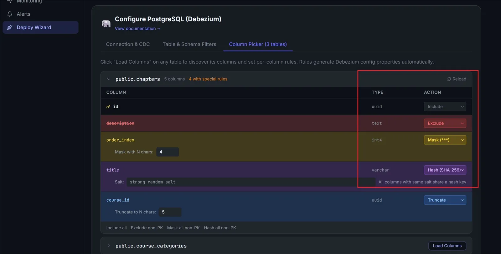 Deploy wizard step 3: PII masking - mask, SHA-256 hash, truncate, or exclude