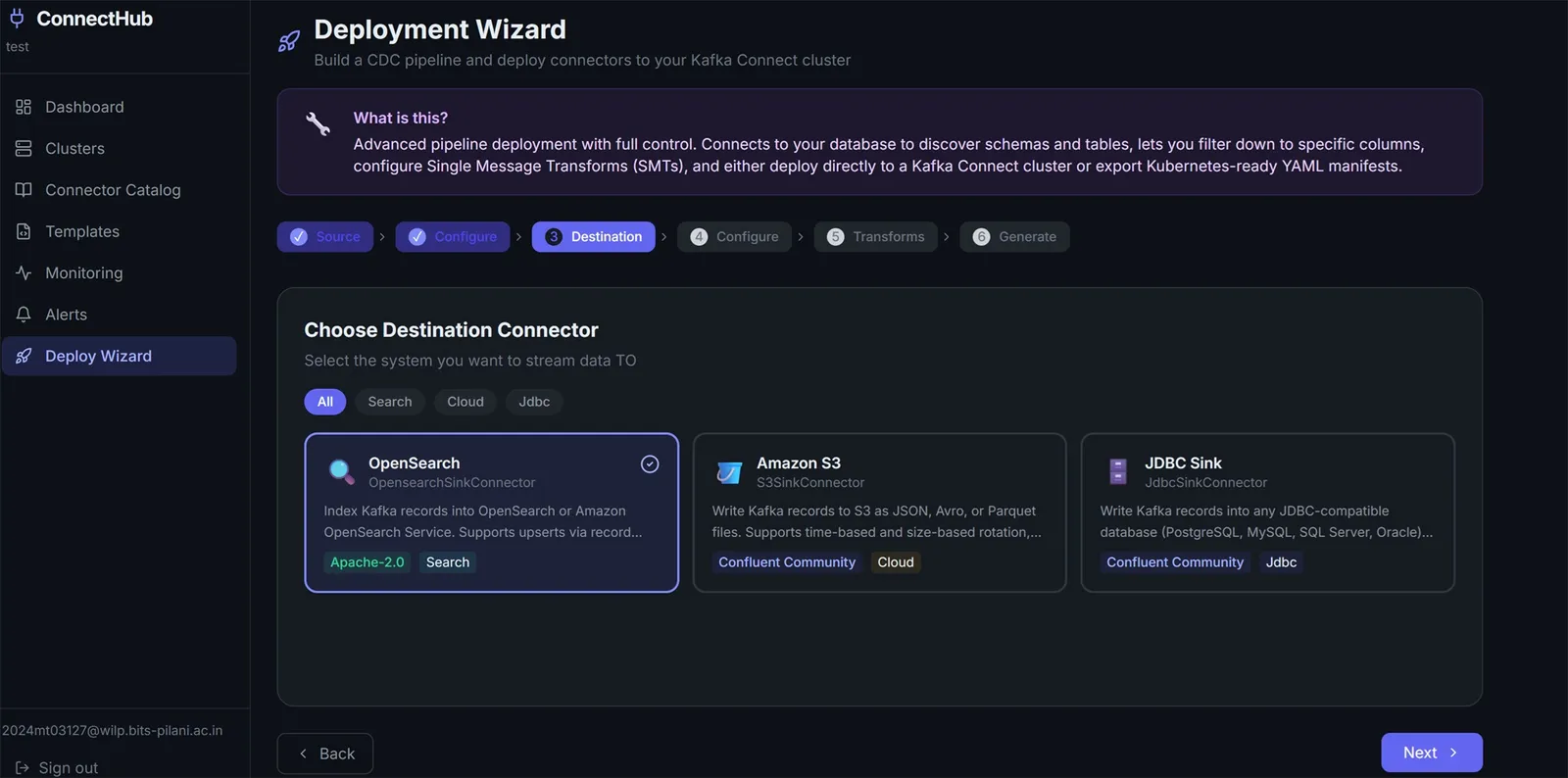 ConnectHub deploy wizard - step 4: select sink destination connector