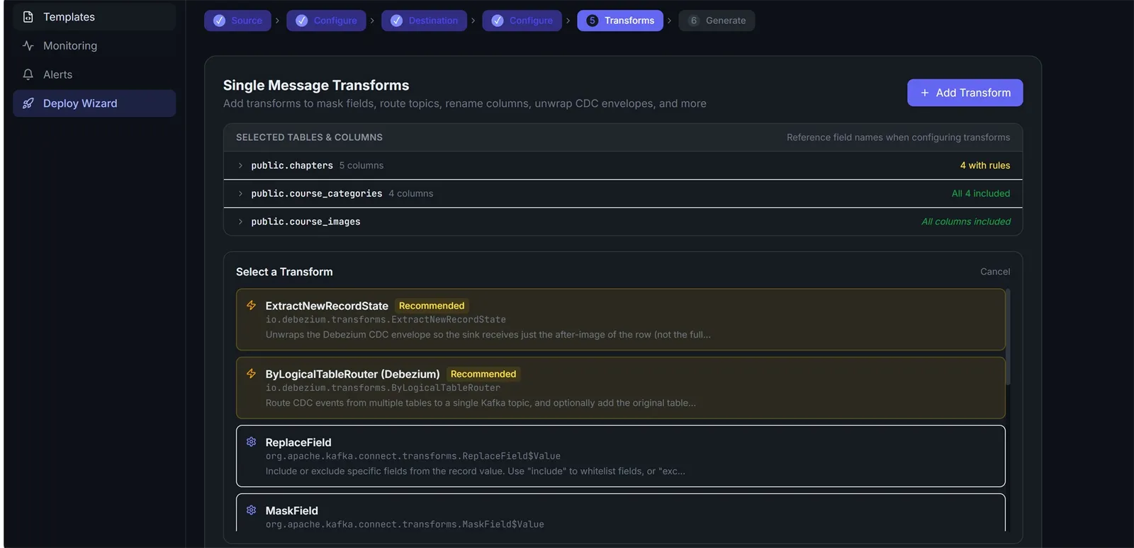 Deploy wizard step 5: configure Single Message Transforms