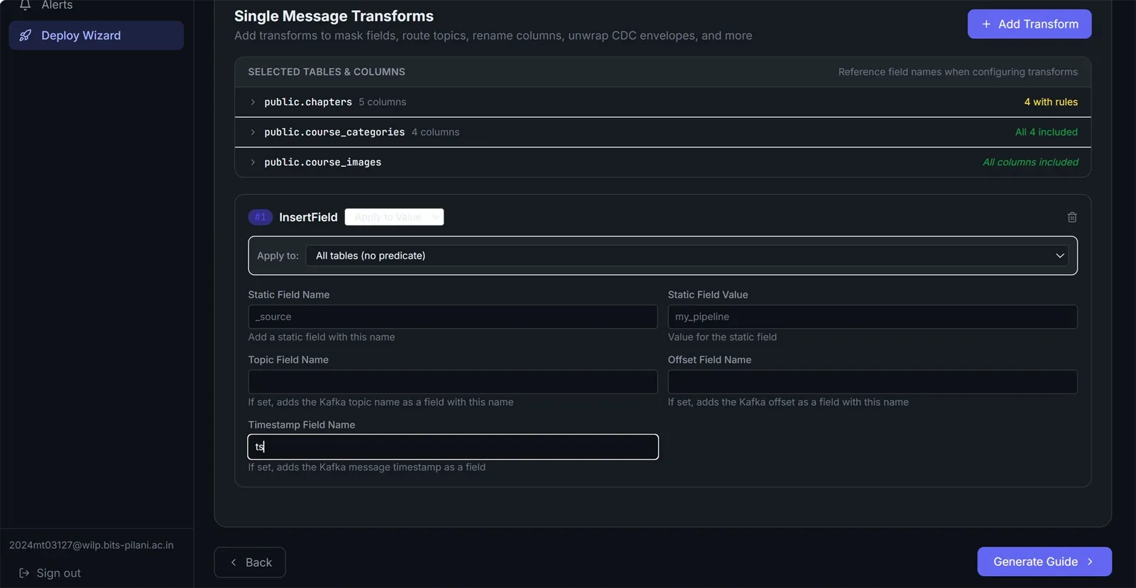 Deploy wizard: add timestamp column via TimestampConverter SMT