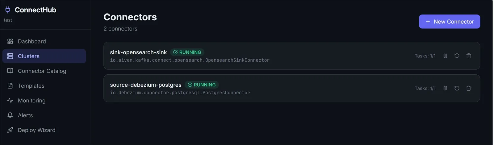 Connectors listed in a Kafka Connect cluster - showing the management complexity ConnectHub solves
