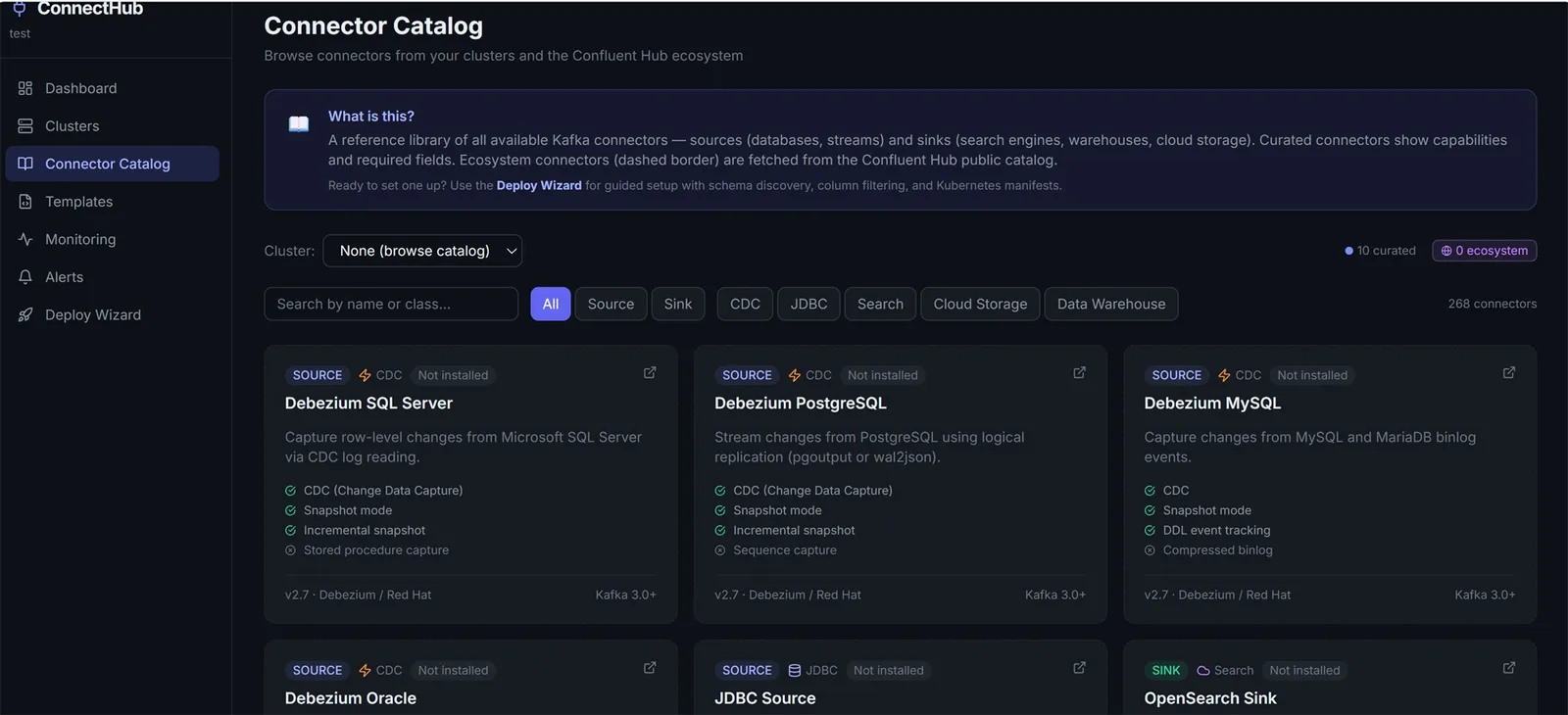 ConnectHub Connector Catalog - full grid view with filter tabs for Source, Sink, CDC, JDBC, Cloud Storage and more
