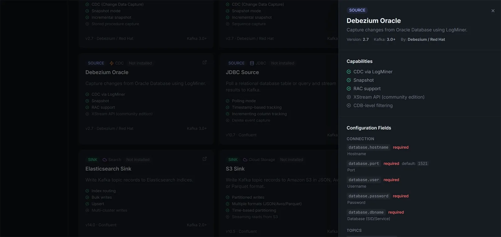 ConnectHub Connector Catalog - Debezium Oracle detail panel showing LogMiner capabilities and required configuration fields