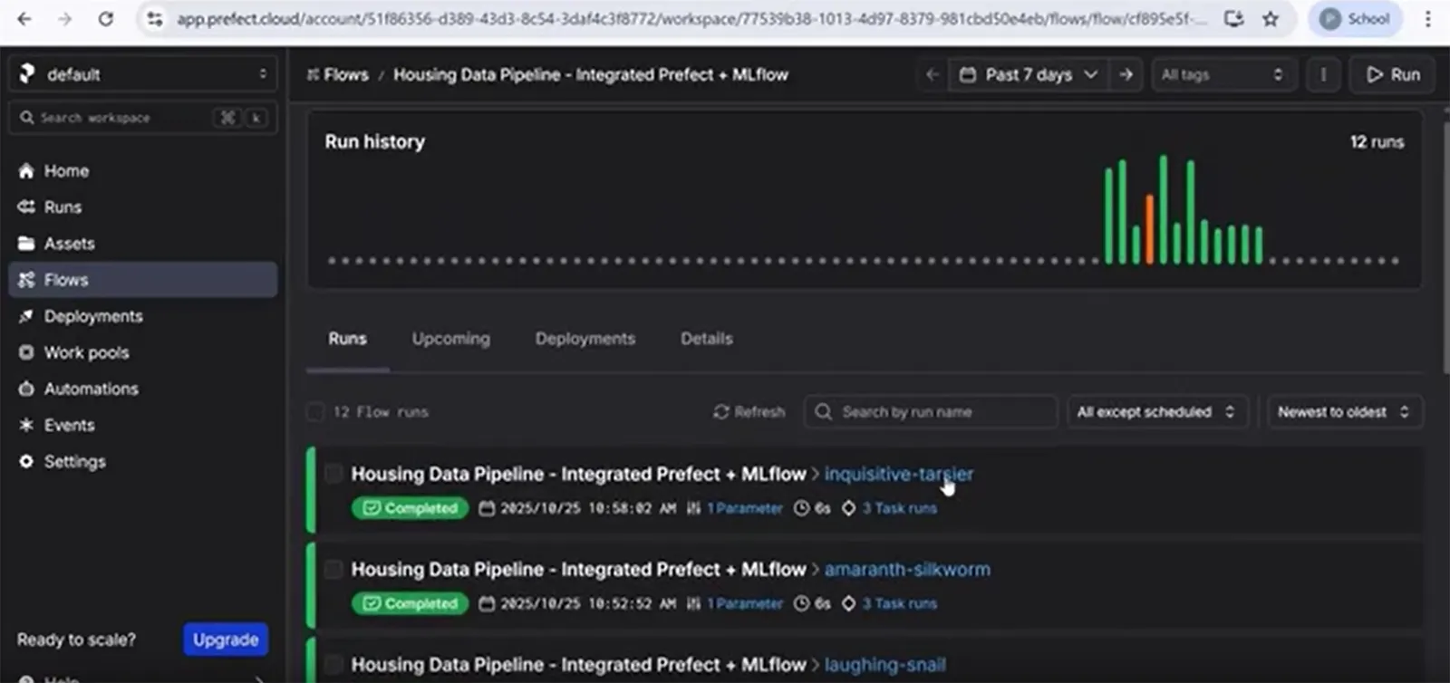 Prefect run history dashboard