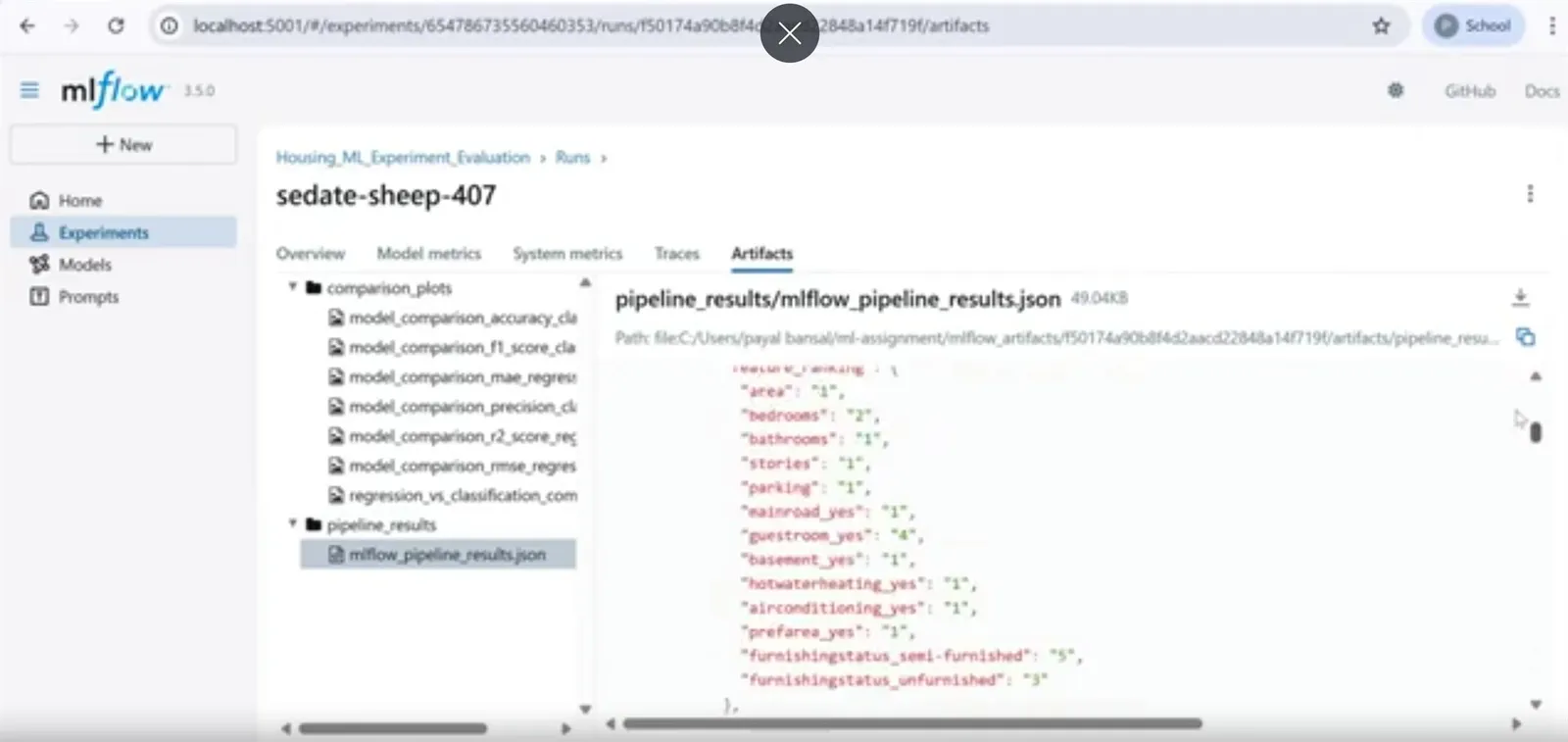 MLflow experiment metrics screen